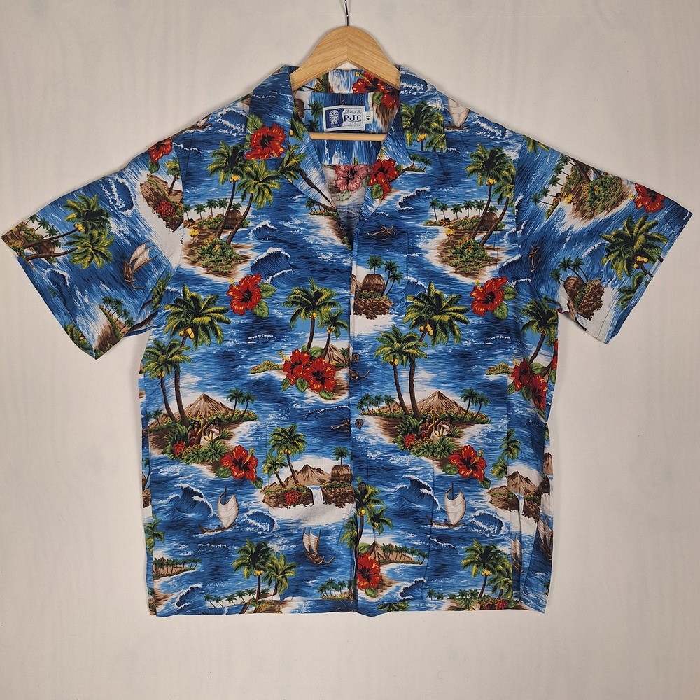 RJC Vintage Hawaiian Shirt Tropical Island Blue 100% Cotton Made in USA XL